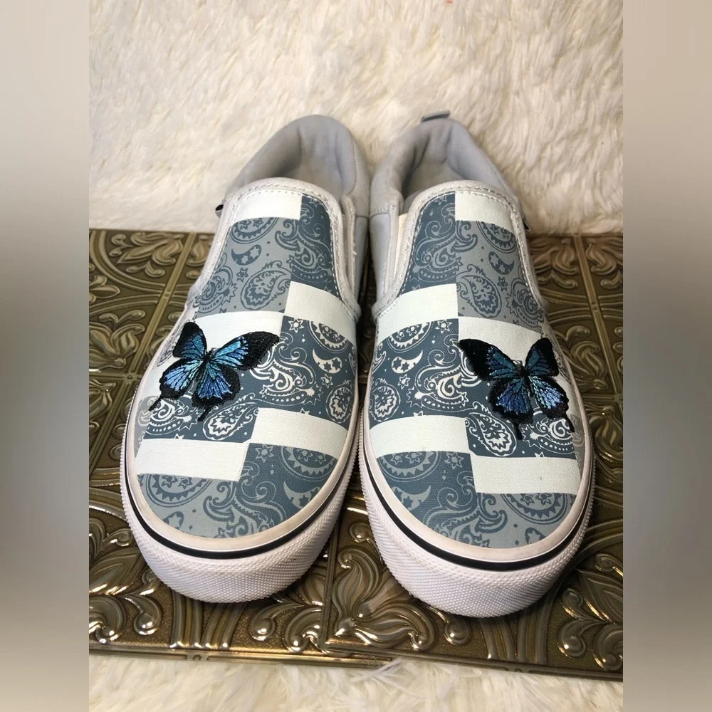 Vans Slip-On Patchwork Sneakers - White and Blue with Butterfly Missy 5 - Picture 4 of 16